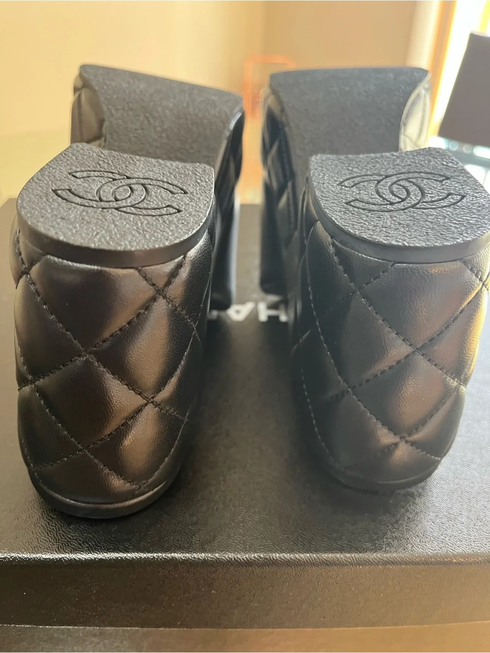 CHANEL Black Quilted Leather Platform Mules with CC Logo